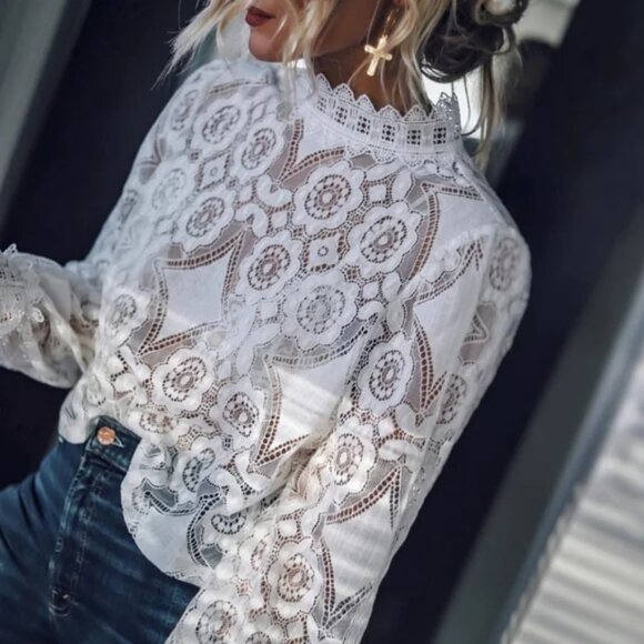 NEW Boho White Lace Top Mock Top Bishop Long Sleeve Retro Vintage - Picture 1 of 9
